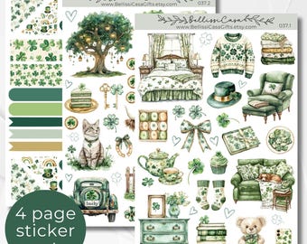 Seasonal Planner Sticker Sheet Set, Lucky Clover Spring Calendar Planner Journaling Sticker Set, Watercolor Bullet Journal Sticker Pack 037