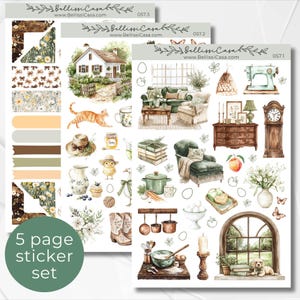 May include: A five-page sticker set with a farmhouse theme. The stickers feature illustrations of a house, a cat, a bird, a sewing machine, a clock, a teapot, a book stack, a chair, a window, a bowl of eggs, a baking scene, and more. The stickers are perfect for adding a touch of farmhouse charm to your planner, journal, or scrapbook.