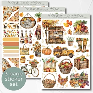 May include: A set of three sticker sheets featuring watercolor illustrations of an autumn market. The stickers include a variety of fall-themed images, such as pumpkins, apples, sunflowers, a cat, a truck, a bicycle, a chicken, and a wooden market stall. The text "autumn market" is featured on one of the stickers.