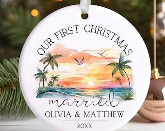 Our First Christmas Married Ornament 2023, Couples Ornament Newly Married Gift, Newlywed Custom Mr and Mrs Ornament, Hawaii Beach Wedding