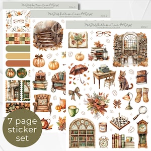 May include: A collection of decorative stickers featuring watercolor illustrations of autumn-themed items including pumpkins, books, a cat, a library, a typewriter, a chess set, a grandfather clock, a magnifying glass, and various cozy household objects.