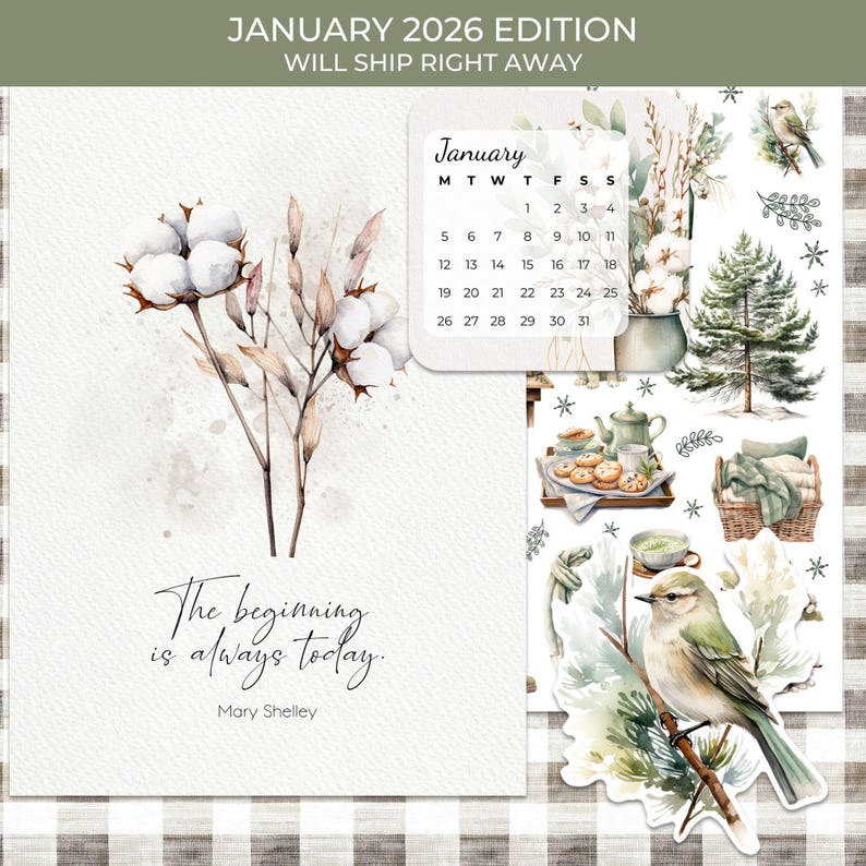 Op de afbeelding: Een plannerpagina met een aquarelontwerp met katoentakken, een kalender voor januari 2026 en decoratieve stickers. De tekst "The beginning is always today" wordt weergegeven. Het algemene thema is een gezellige, door de natuur ge&iuml;nspireerde esthetiek.