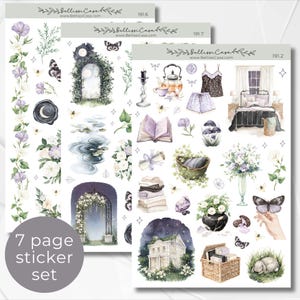 May include: A 7-page sticker set by BellissiCasa featuring watercolor illustrations of botanical vines, moonlit garden arches, a bedroom interior, a teapot, a stack of books, a wicker basket, a rabbit, butterflies, and various floral arrangements.