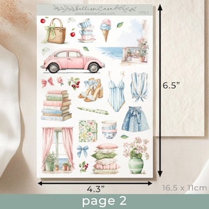 May include: A decorative sticker sheet featuring watercolor illustrations of a pink car, picnic basket, books, clothing, and other summer-themed items. The sheet measures 4.3 x 6.5 inches.