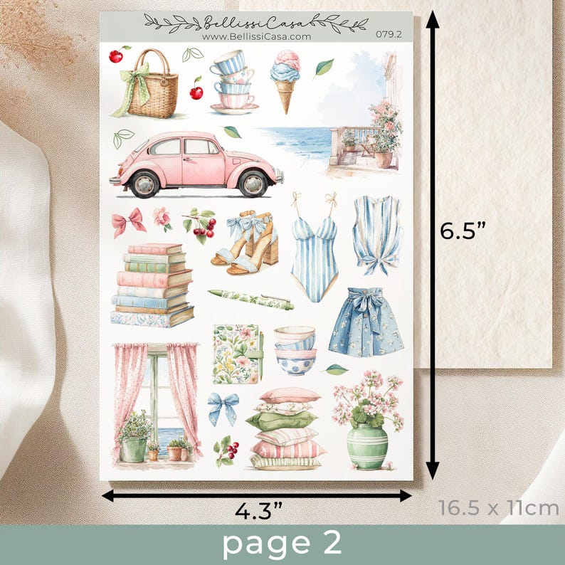 May include: A decorative sticker sheet featuring watercolor illustrations of a pink car, picnic basket, books, clothing, and other summer-themed items. The sheet measures 4.3 x 6.5 inches.