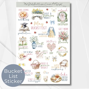 May include: A sticker sheet with a May bucket list theme. The sheet features watercolor illustrations of cookies, flowers, a picnic basket, and other spring-themed items. Text includes "Bucket List Sticker" and various activity prompts.