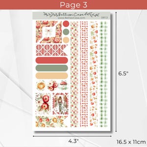 May include: A sheet of decorative stickers with an autumn theme. The stickers include various designs such as apples, pumpkins, and leaves. The sheet measures 4.3 inches wide by 6.5 inches tall. The text "Page 3" and "www.BellissiCasa.com" are visible.