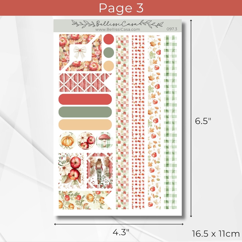May include: A sheet of decorative stickers with an autumn theme. The stickers include various designs such as apples, pumpkins, and leaves. The sheet measures 4.3 inches wide by 6.5 inches tall. The text "Page 3" and "www.BellissiCasa.com" are visible.
