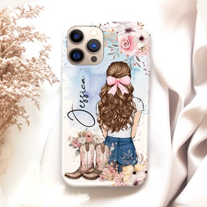 Custom Boho Cowgirl Print Western Phone Case Gift for Best Friend, Girly Floral Coastal Cowgirl iPhone Case Personalized Coquette Phone Case