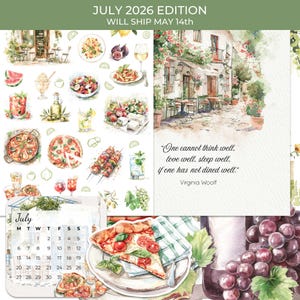 Op de afbeelding: Waterverfillustraties van Italiaans eten en sc&egrave;nes, waaronder pizza en caf&eacute;s. De afbeelding bevat een juli 2026 kalender en een citaat van Virginia Woolf. De tekst luidt "JULY 2026 EDITION WILL SHIP MAY 14th."