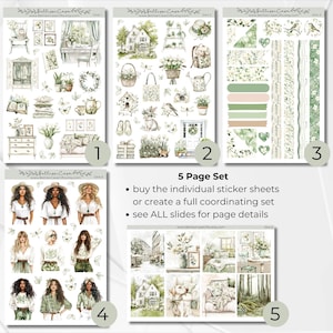 May include: Five page sticker sheet set with a farmhouse theme. The set includes illustrations of a house, flowers, a bird, a rabbit, a watering can, a basket, a book, a door, a window, a vase, a chair, a table, a lamp, a rug, a pillow, a blanket, a girl, and a tree. The sticker sheets are perfect for decorating planners, journals, and other paper crafts.