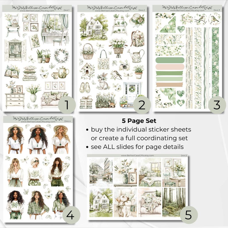May include: Five page sticker sheet set with a farmhouse theme. The set includes illustrations of a house, flowers, a bird, a rabbit, a watering can, a basket, a book, a door, a window, a vase, a chair, a table, a lamp, a rug, a pillow, a blanket, a girl, and a tree. The sticker sheets are perfect for decorating planners, journals, and other paper crafts.