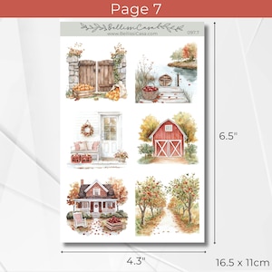 May include: Page 7 sticker sheet featuring watercolor illustrations of autumn scenes. Includes a wooden gate with pumpkins, a dock with a boat, a red barn, a house, and a path with apple trees. Sheet measures 6.5" x 4.3" (16.5 x 11cm).