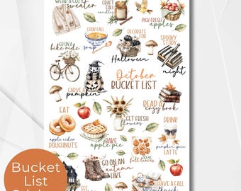 Oktober Herbst Bucket List Sticker Blatt, Saisonale Sticker, Aquarell Kalender Planer Journaling Sticker Seite für Bullet Journal 128