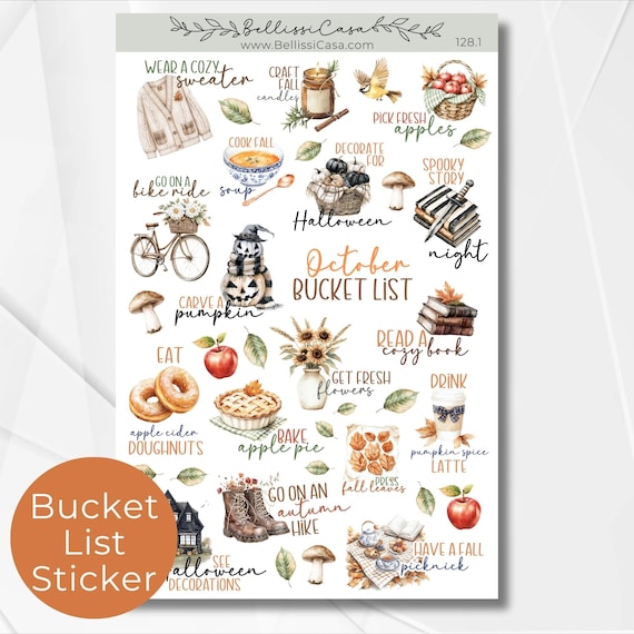October Fall Bucket List Sticker Sheet, Seasonal Planner Sticker, Watercolor Calendar Planner Journaling Sticker Page for Bullet Journal 128