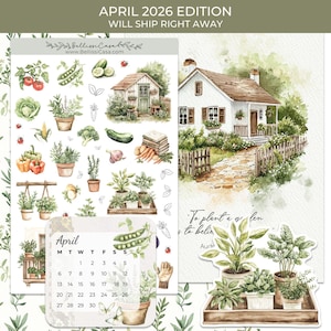 Op de afbeelding: Waterverf planner stickers en een kalender voor april 2026, met illustraties met een tuinthema. Bevat afbeeldingen van groenten, kruiden, een huisje en de tekst "APRIL 2026 EDITION WILL SHIP RIGHT AWAY".