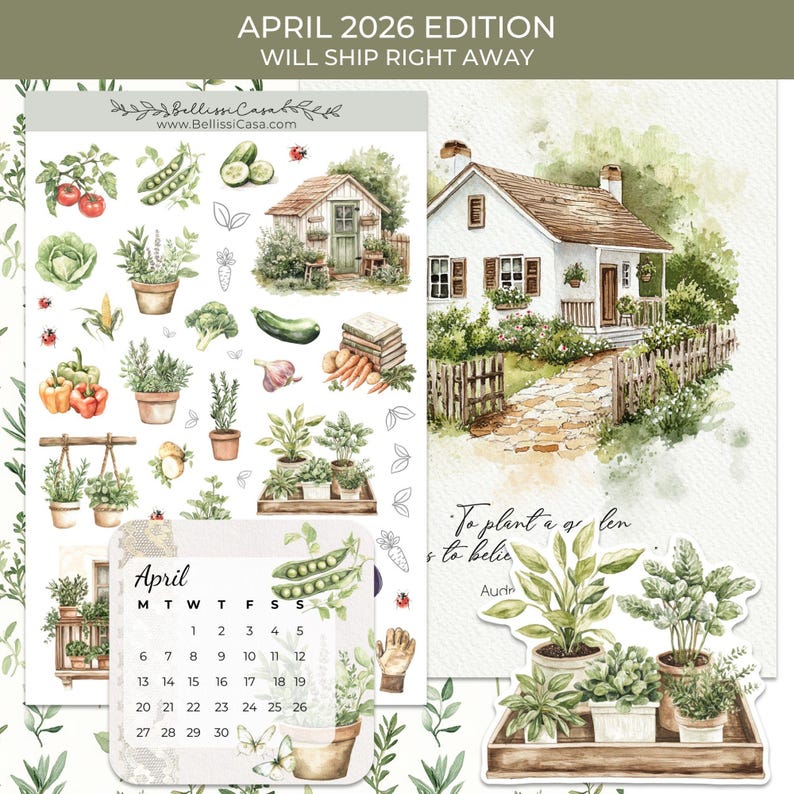 Op de afbeelding: Waterverf planner stickers en een kalender voor april 2026, met illustraties met een tuinthema. Bevat afbeeldingen van groenten, kruiden, een huisje en de tekst "APRIL 2026 EDITION WILL SHIP RIGHT AWAY".