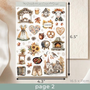 May include: A sheet of 6.5 x 4.3 inch printable stickers featuring watercolor illustrations of autumnal and Oktoberfest themes. The stickers include a cow, pretzel, heart, beer mug, gingerbread house, and more.