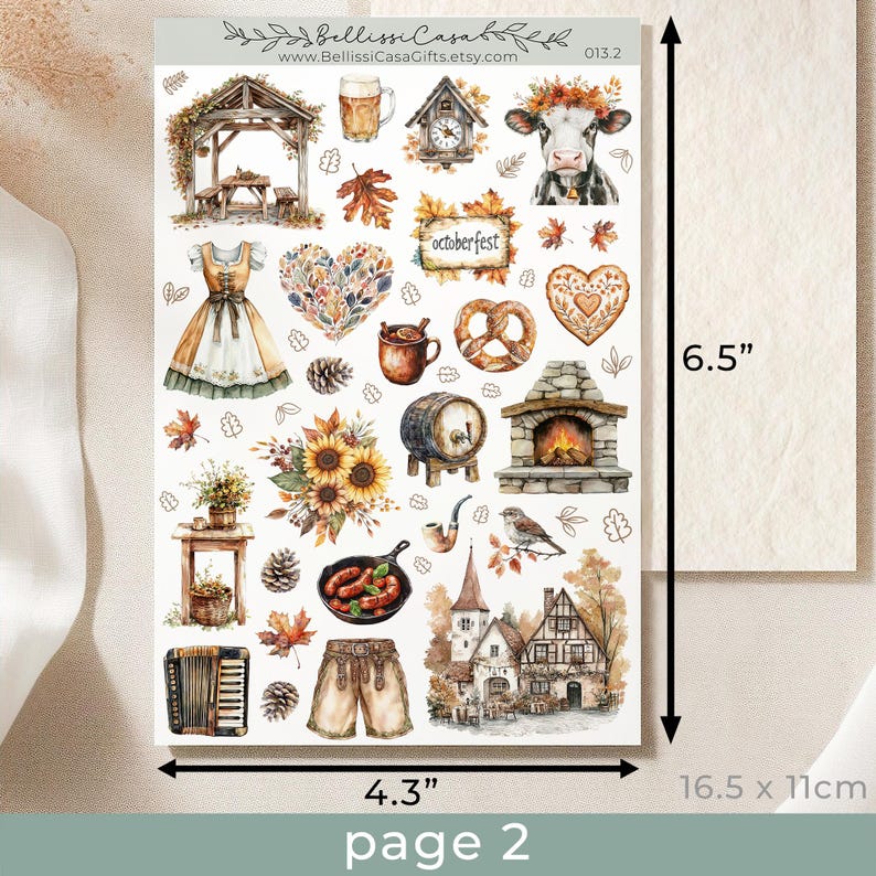 May include: A sheet of 6.5 x 4.3 inch printable stickers featuring watercolor illustrations of autumnal and Oktoberfest themes. The stickers include a cow, pretzel, heart, beer mug, gingerbread house, and more.