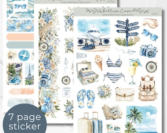 May include: A 7-page sticker set with travel-themed illustrations. The stickers feature watercolor images of an airplane, luggage, sunglasses, a camera, and beach scenes. The color palette includes blues, whites, and beige.