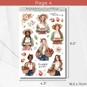 May include: A sticker sheet featuring watercolor illustrations of women in fall attire, holding baskets of apples and pies. The sheet measures 4.3 inches wide by 6.5 inches high. Text includes "apple picking" and "happy fall."