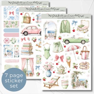 May include: A sticker set featuring watercolor illustrations of a pink car, a green convertible, a beach scene, and various accessories. The set includes bows, cherries, books, and a swimsuit. The text "7 page sticker set" is visible.