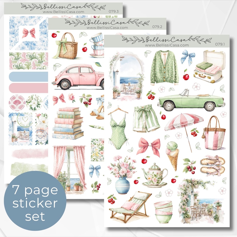 May include: A sticker set featuring watercolor illustrations of a pink car, a green convertible, a beach scene, and various accessories. The set includes bows, cherries, books, and a swimsuit. The text "7 page sticker set" is visible.