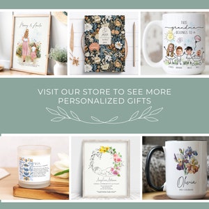 May include: A collection of personalized gifts, including a framed print with a mother and daughter, a floral notebook, a mug with a drawing of a family, a candle with a floral design and text, a framed print with a floral wreath and a baby, and a mug with a floral design and the name Olivia.