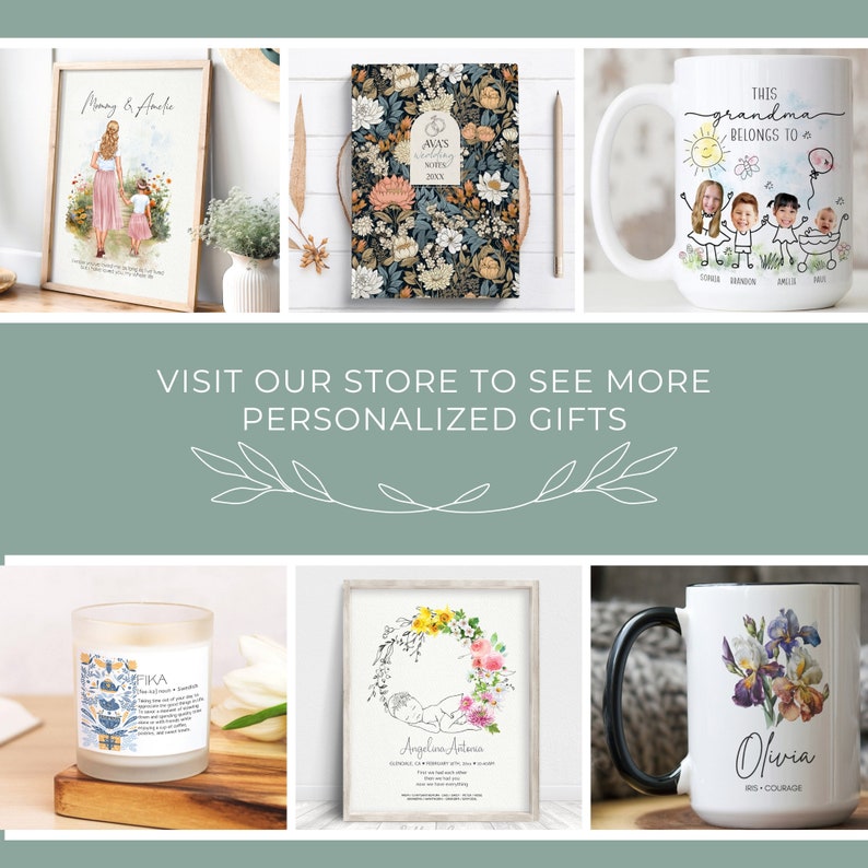 May include: A collection of personalized gifts, including a framed print with a mother and daughter, a floral notebook, a mug with a drawing of a family, a candle with a floral design and text, a framed print with a floral wreath and a baby, and a mug with a floral design and the name Olivia.