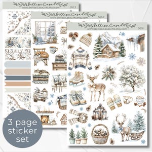 Könnte beinhalten: Ein Set mit drei Seiten winterlicher Sticker mit Illustrationen eines gemütlichen Häuschens, eines Rehs, eines Kamins, eines winterlichen Baumes, eines Paar Schlittschuhen, einer Tasse heißer Schokolade und einer Vielzahl anderer winterlicher Elemente. Die Sticker sind perfekt, um Ihrem Planer, Journal oder Sammelalbum einen Hauch von Winterfreude zu verleihen.