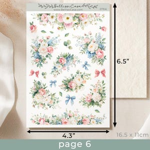 May include: A sheet of floral stickers with a variety of bouquets, bows, and floral borders. The stickers feature pink, white, and blue flowers with green leaves. The sheet measures 4.3 inches wide and 6.5 inches tall.