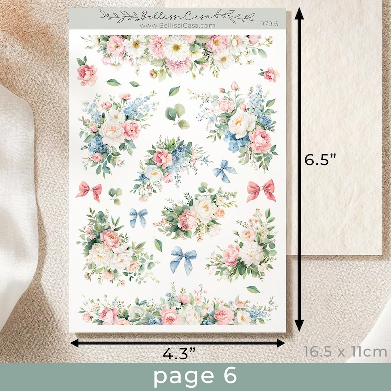 May include: A sheet of floral stickers with a variety of bouquets, bows, and floral borders. The stickers feature pink, white, and blue flowers with green leaves. The sheet measures 4.3 inches wide and 6.5 inches tall.