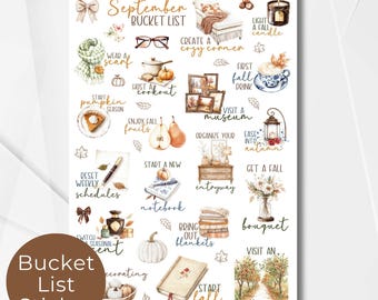 September Bucket List Sticker Blatt, Saisonaler Planer Sticker, Aquarell Kalender Planer Journaling Sticker Seite für Bullet Journal 128