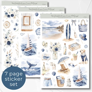 May include: A 7-page sticker set featuring watercolor illustrations with a nautical theme. The stickers include sailboats, beach scenes, flowers, seashells, and a dog. The color palette is primarily blue, white, and beige.