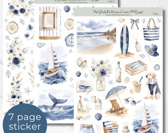 Saisonaler Planer Sticker Set, Nautische Tage Sommer Kalender Planer Sticker Set, Aquarell Bullet Journal Sticker Pack 179