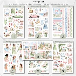 May include: A 7-page sticker set featuring watercolor illustrations of fashion, accessories, and scenery. The set includes images of dresses, cars, bows, and floral arrangements. The text reads "buy the individual sticker sheets or create a full coordinating set."