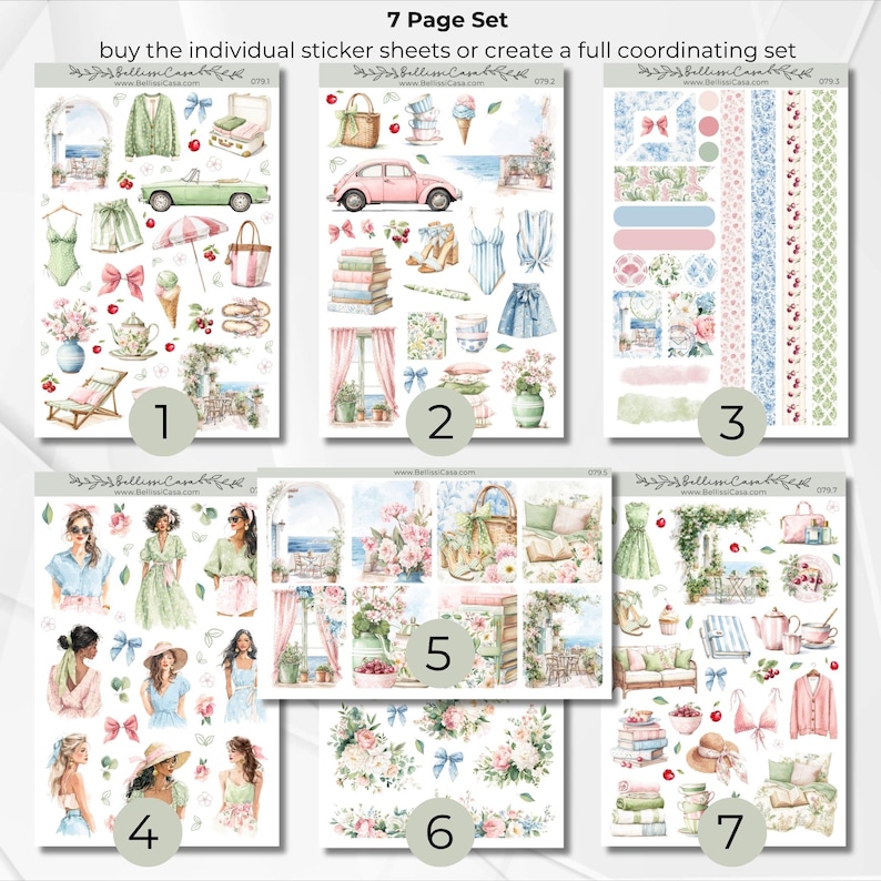 May include: A 7-page sticker set featuring watercolor illustrations of fashion, accessories, and scenery. The set includes images of dresses, cars, bows, and floral arrangements. The text reads "buy the individual sticker sheets or create a full coordinating set."