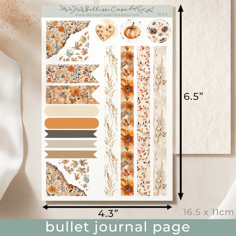 May include: A printable bullet journal page with a fall theme. The page features a variety of decorative elements, including sunflowers, leaves, and pumpkins. The page is 4.3 inches wide and 6.5 inches tall.