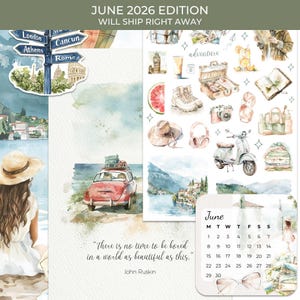 May include: A June 2026 calendar page featuring watercolor illustrations of travel themes including a red car, a scooter, a suitcase, a camera, a hat, and a signpost with city names. The text reads, There is no time to be bored in a world as beautiful as this.