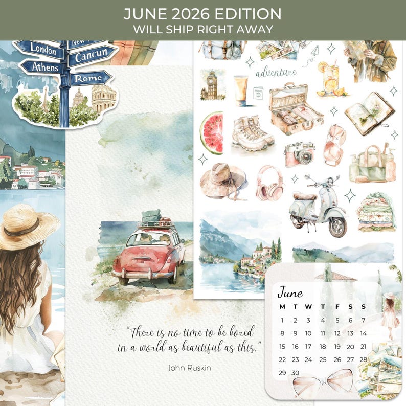 May include: A June 2026 calendar page featuring watercolor illustrations of travel themes including a red car, a scooter, a suitcase, a camera, a hat, and a signpost with city names. The text reads, There is no time to be bored in a world as beautiful as this.