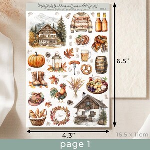 May include: A sheet of 30 watercolor stickers featuring a variety of autumnal and wintery scenes. The stickers include a cozy cabin, a pumpkin, a rooster, a gingerbread house, a mug of beer, a pretzel, and more. The stickers are perfect for adding a touch of whimsy to your planner, journal, or scrapbook.