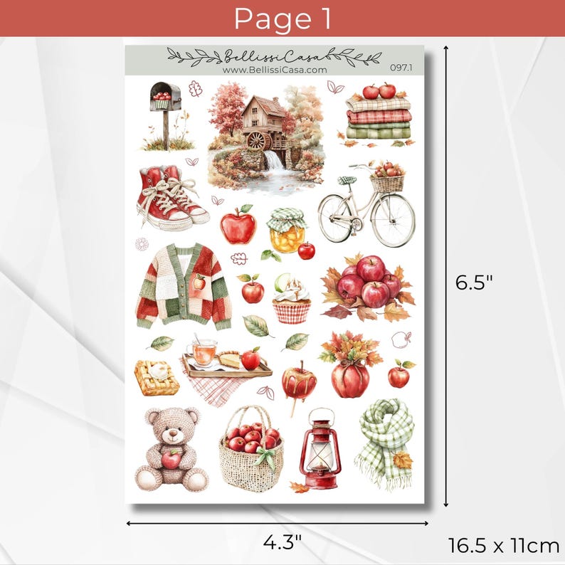 May include: A sticker sheet with watercolor illustrations of autumn-themed items. The sheet includes images of apples, a bicycle, a sweater, a teddy bear, and a scarf. The sheet measures 4.3 inches wide by 6.5 inches high.