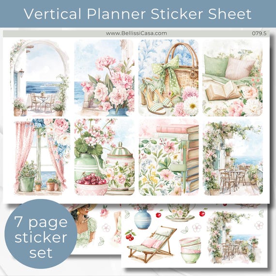 EC Vertical Planner Sticker Sheets, Messy Coquette Summer Calendar Planner Journaling Sticker Set Watercolor Bullet Journal Sticker Pack 079
