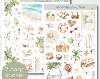 Saisonaler Planer Sticker Blätter, Coconut Grove Sommer Kalender Planer Journaling Sticker Set, Aquarell Bullet Journal Sticker Pack 161
