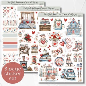 May include: A set of three sticker sheets with a winter theme. The stickers feature illustrations of a cozy bedroom, a snowman, a house, a car, a fireplace, a cup of coffee, a scarf, a pair of boots, and a heart-shaped cookie. The stickers are perfect for adding a touch of winter cheer to your planner, journal, or scrapbook.