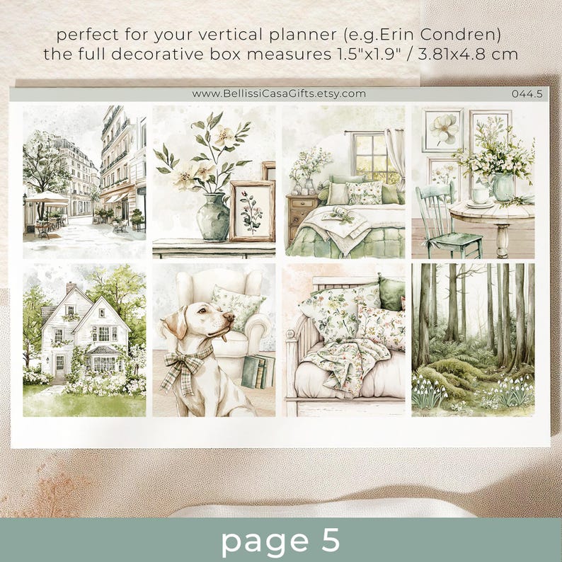 May include: A set of six planner stickers featuring watercolour illustrations of a Parisian street scene, a dog sitting in a chair, a bedroom with a bed and a window, a forest scene, a house with a garden, and a vase of flowers. The stickers are designed for use in a vertical planner and measure 3.81 cm by 4.8 cm.
