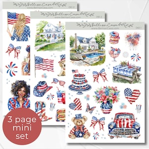 May include: A set of 3 pages of watercolor stickers featuring patriotic themes. The stickers include images of houses, fireworks, a cake, a teddy bear, a car, a picnic table, a flag, a cowboy hat, a boot, a heart, a butterfly, flowers, and a woman. The stickers are perfect for adding a touch of Americana to your planner, journal, or scrapbook.