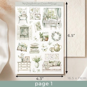 May include: A sheet of printable planner stickers featuring watercolour illustrations of a vintage-style home interior. The stickers include a bookshelf, a dresser, a sofa, a window, a wreath, a bird, a teapot, and flowers. The sheet measures 11cm by 16.5cm.