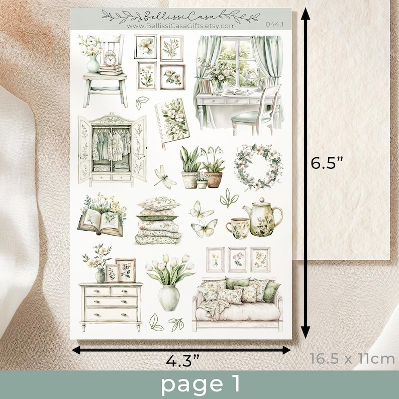 May include: A sheet of printable planner stickers featuring watercolour illustrations of a vintage-style home interior. The stickers include a bookshelf, a dresser, a sofa, a window, a wreath, a bird, a teapot, and flowers. The sheet measures 11cm by 16.5cm.