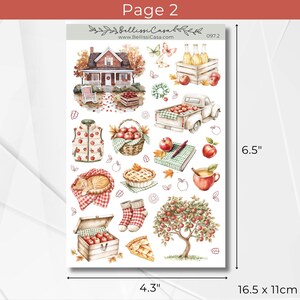 May include: A sticker sheet featuring watercolor illustrations of autumn-themed elements. Includes a house, apples, a truck, pie, a cat, and a tree. The sheet measures 4.3" x 6.5" (11 x 16.5 cm).